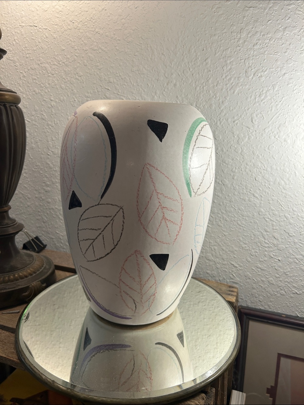 Hand-Painted Ceramic Vase with Leaf Motif - Soft Pastels w German MCM